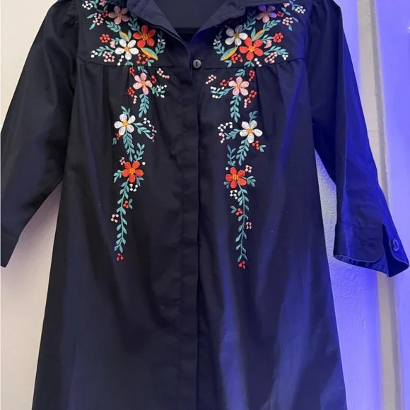 Wayward Fancies Embroidered Floral Shirt Dress Black Tie Waist - Picture 3 of 5